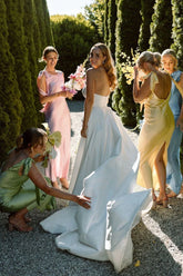 Sheath Silk Satin Beach Bridesmaid Dresses Ankle Length with Slit Mychicdress